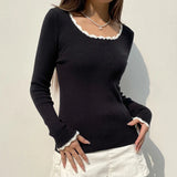 IFOMT 2024 Fashion Woman tops y2k style Black Patched Ruched Long Sleeves Sweater