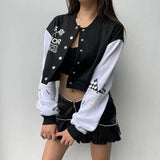 IFOMT 2024 Fashion Woman tops y2k style Black White Print Baseball Buttons Jacket