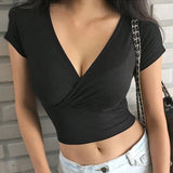 Back to college Summer Fashion Solid V Neck T Shirts Women Short Sleeve Sexy Crop Tops Ladies Casual Tees Top Tees Female Black T-Shirts