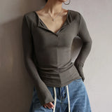 IFOMT 2024 Fashion Woman tops y2k style Casual V Neck Long Sleeve Top