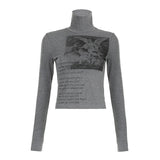 IFOMT 2024 Fashion Woman tops y2k style Grey Turtleneck Pullover Print Graphic Top
