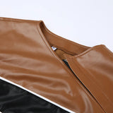 IFOMT 2024 Fashion Woman tops y2k style Brown Zipper Stripe Patchwork Leather Jacket