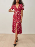 Ifomt Women Dresses 2024 Back Waist Tie Vintage Print Floral Dress V Neck Short Sleeve Button Up Front Slit Summer Midi Dress