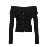 IFOMT 2024 Fashion Woman tops y2k style Black Knit Slim Buttons Up Long Sleeve Top