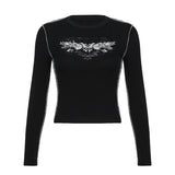 IFOMT 2024 Fashion Woman tops y2k style Vintage Black Printed Long Sleeves Top