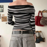 IFOMT 2024 Fashion Woman tops y2k style Vintage Stripe Off Shoulder Pullover Sweater