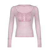 IFOMT 2024 Fashion Woman tops y2k style Pink Lace Patched Buttons Long Sleeves Top