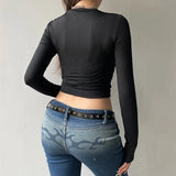 IFOMT 2024 Fashion Woman tops y2k style Black Twisted Fold Long Sleeve  Cropped Top