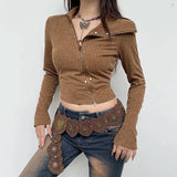 IFOMT 2024 Fashion Woman tops y2k style Vintage Asymmetrical Skinny Zipper Rivet Top