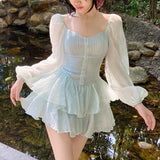 IFOMT  Korean Style Sweet Party Mini Dress Women Green Chiffon France Elegant Dress Female Bubble Sleeve White Casual Fairy Dress