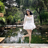 IFOMT  Korean Style Sweet Party Mini Dress Women Green Chiffon France Elegant Dress Female Bubble Sleeve White Casual Fairy Dress