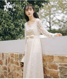 Ifomt 2022 Autumn Vintage Lace Elegant Dress Women Sash Designer Flare Sleeve Fairy Midi Dress Ladies Prairie Chic Casual Dress