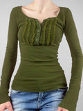 IFOMT 2024 Fashion Woman tops y2k style Green Long Sleeve Slim Stitch Ruched Buttons Top