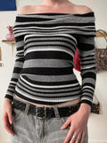 IFOMT 2024 Fashion Woman tops y2k style Vintage Stripe Off Shoulder Pullover Sweater