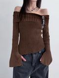 IFOMT 2024 Fashion Woman tops y2k style Vintage Brown Stripe Buckle Off Shoulder Sweater