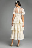 Ifomt - Beige Mesh Lace Trim Pleated Tiered Maxi Dress