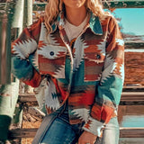 Ifomt Vintage Geometric Print Woolen Coat Jackets Women Casual Turn-down Collar Button Tops Cardigan 2023 Autumn Winter Pocket Outwear