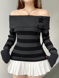 IFOMT Spring Outfits Off Shoulder Slim Knitted Stripe Jumper Women Lace-Up Slash Neck Long Sleeve Sweater Tee Korean Fashion Street Knittwear