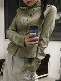 IFOMT Spring Outfits Retro Green Slim Cargo Jackets Women Button Up Stand Collar Long Sleeve Autumn Korean New Fashion Outwear