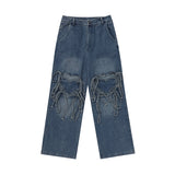 Ifomt Women Retro Blue Pants Baggy Vintage Y2k Harajuku 90s Aesthetic Pants Hollow Out High Waist Wide Leg Trouser 2000s Clothes 2024