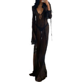 IFOMT Outfit Women's Sexy Sheer Mesh Boho Beachwear Flare Long Sleeve Ruffled Tie-up V Neck See-through High Slit Long Dress