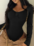 IFOMT Spring Outfits Front Ruched Skinny Long Sleeve Black Bodysuit Women Spring Autumn Solid Simple Basic Bodys Tops