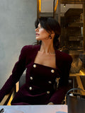 IFOMT Party Otufit Elegant  Burgundy Velvet 3 Piece Set Women V Neck Vest Square Neck Long Sleeve Jacket Shorts Suit Lady 2025 Spring Chic Outfits