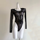 IFOMT 2024 Long Sleeve Black Mesh See Through Sexy Bodycon Bodysuit Spring Summer Women New Outfit Gothic Punk Bodysuits Y2k Clothing