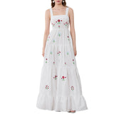 IFOMT Outfits Women's Y2K Vintage Wide Shoulder Straps Sleeveless Square Neck Embroidery Tiered Swing Slip A-Line Tank Long Dress