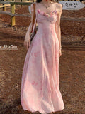 Ifomt Pink Flower V-neck Suspender Dress