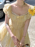 Ifomt Yellow Square Neck Puff Sleeve Dress