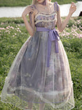 Ifomt Blooming Oil Painting Print Mesh Bow Dress