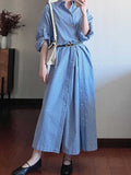 Ifomt Retro Blue Plaid Lapel Shirt Dress