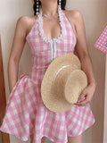 Ifomt Peach Halter-neck Plaid Dress