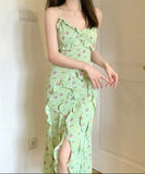 Ifomt French Ruffled Suspender Floral Dress