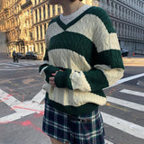 Ifomt Vintage Green Striped Knitted Sweater Women Autumn Winter V Neck Long Sleeve Oversize Pullovers Simple Casual Cotton Top Chic