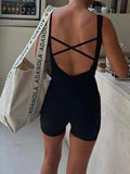 IFOMT Spring Outfits Cross Backless Skinny Sexy Black Rompers Women Front Shirring Lace-Up Sleeveless Square Collar Rave Sports Playsuits
