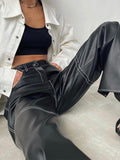 IFOMT PU Leather Straight Pants Black High Waist Fashion Vintage Long Pant For Women Autumn Style 2024 Trousers Streetwear Y2KChristmas Gifts