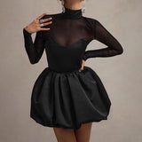 IFOMT Mesh Splice Long Sleeve Bud Dress For Women Turtleneck High Waist Folds Mini Dress Elegant Black Gown Sexy See Through