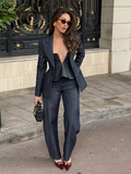 Ifomt Elegant Solid Denim Women Trouser Suits Lapel Pocket Jacket Strapless Tanks Straight Pants 2025 Spring New Fashion Female Sets