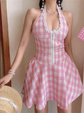 Ifomt Peach Halter-neck Plaid Dress