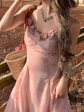 Ifomt Pink Flower V-neck Suspender Dress