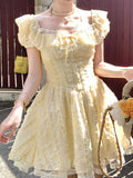 Ifomt Yellow Square Neck Puff Sleeve Dress