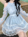 Ifomt Bow Mesh Lace Puffy Dress