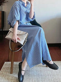 Ifomt Retro Blue Plaid Lapel Shirt Dress