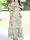 Ifomt Tea Break Ruffled Shoulder Green Floral Dress
