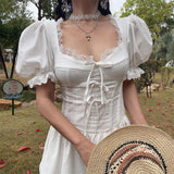 Ifomt Jasmine Puff Sleeves Lace Bow Dress
