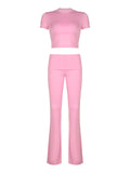 IFOMT Spring Outfits Gray Solid Slim Basic Sports Sexy 2 Pieces Yoga Sets Women O Neck Short Sleeve Tee & Chic Low Waist Skinny Pants Tracksuit S-XL