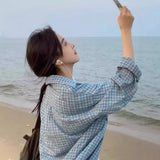 Ifomt Blue Plaid Cotton Autumn Women Blouse Lapel Button Loose Casual Shirts Spring Fashion Long Sleeve Top Woman Academic Style New