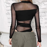 Ifomt Sexy Perspective Y2k Clothing Hollow Out Bodysuits Mesh Sheer Top Women Long Sleeve Patchwork Bodysuit Black Spring Style 2025